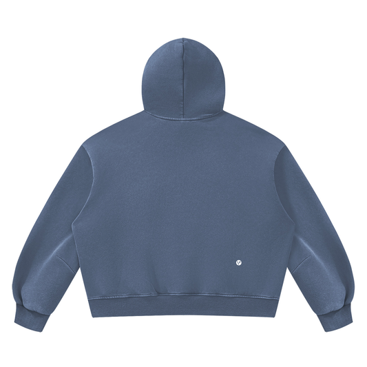 Wild Ones vintage wash hoodie in washed blue, back with small Verdant V logo near the hem