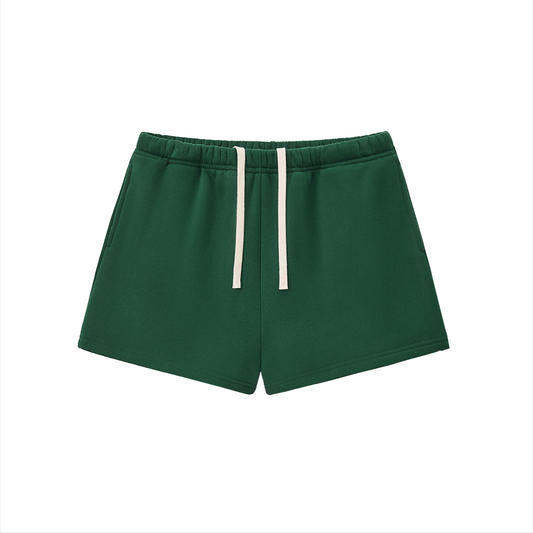Verdant drawstring sweatshorts in blackish green, front with drawstring waist