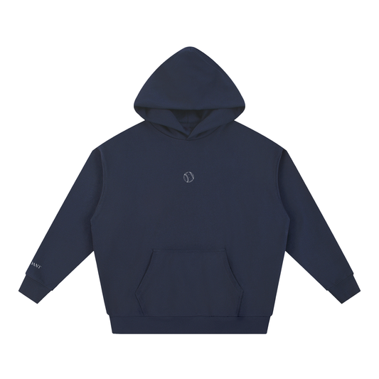 Dog Days Whiff hoodie in navy blue, front with small baseball chest graphic