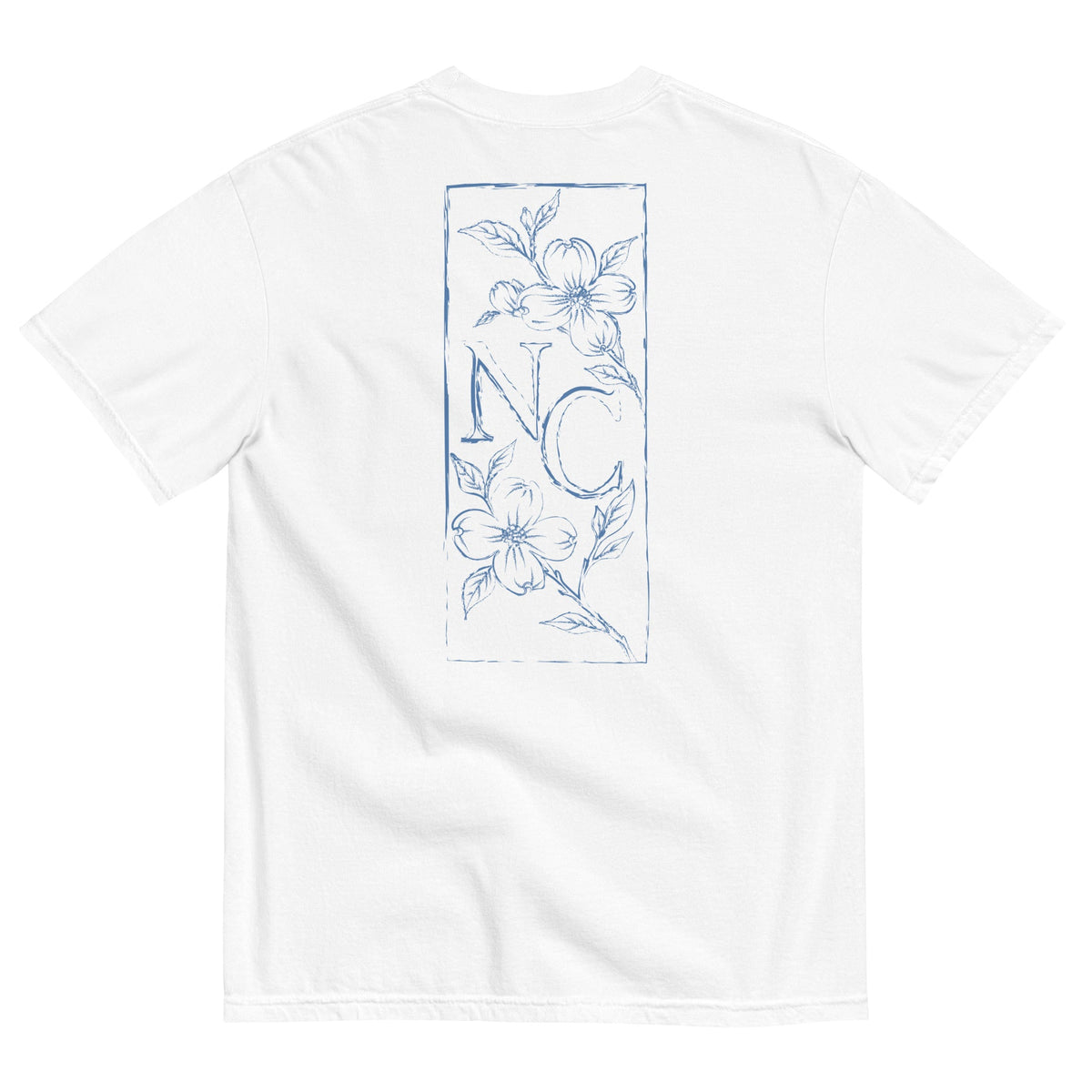 Dogwood State Midweight Tee in White - back, hand-drawn dogwood blossoms framing NC
