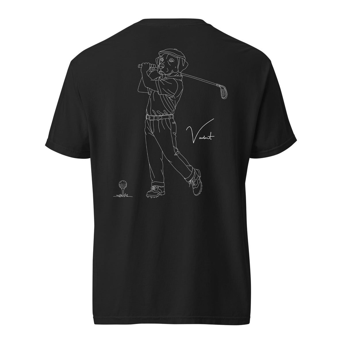Hand-drawn line art of a Labrador mid-golf-swing on the back of a black Verdant Dog Days tee