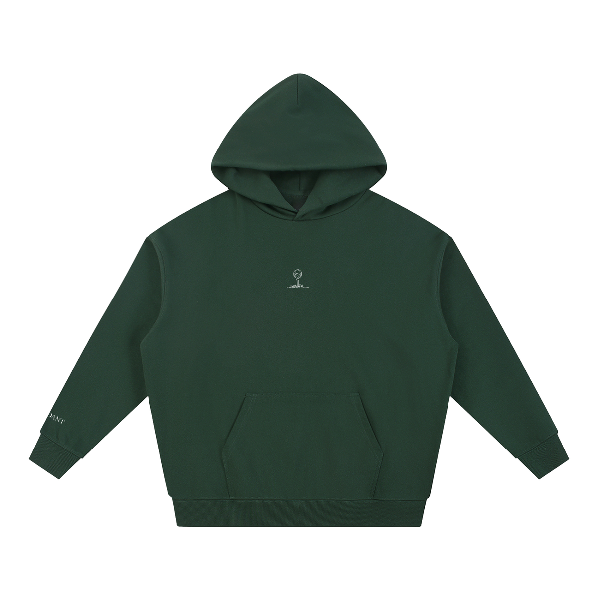Dog Days Mulligan hoodie in blackish green, front view with small ball-on-tee chest graphic