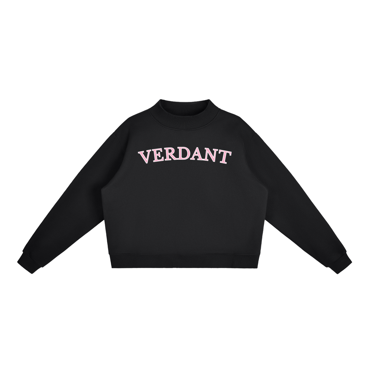 Verdant mock-neck crewneck in black, front with arched VERDANT lettering