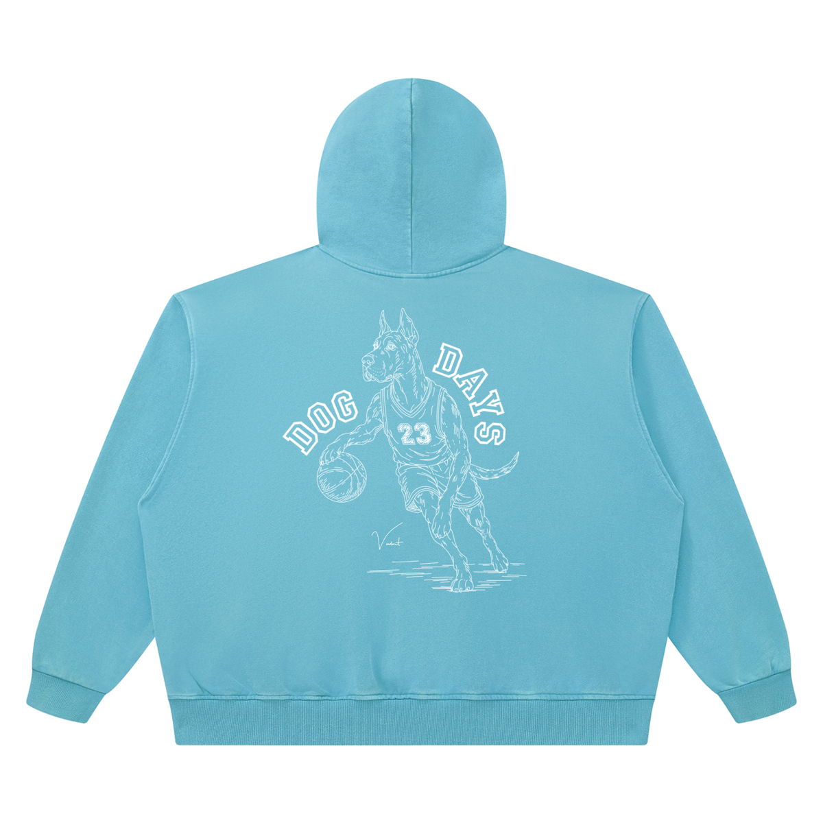 Dog Days Airball hoodie in sky blue, back with hand-drawn Great Dane basketball player under arched DOG DAYS lettering