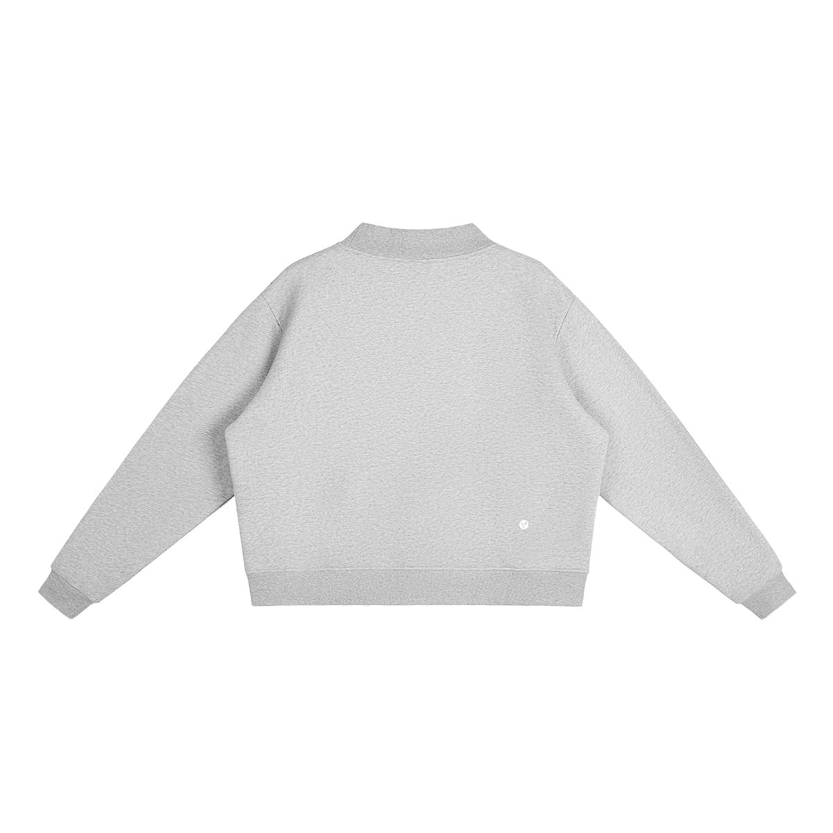 Verdant mock-neck crewneck in flower gray, back with small Verdant V logo