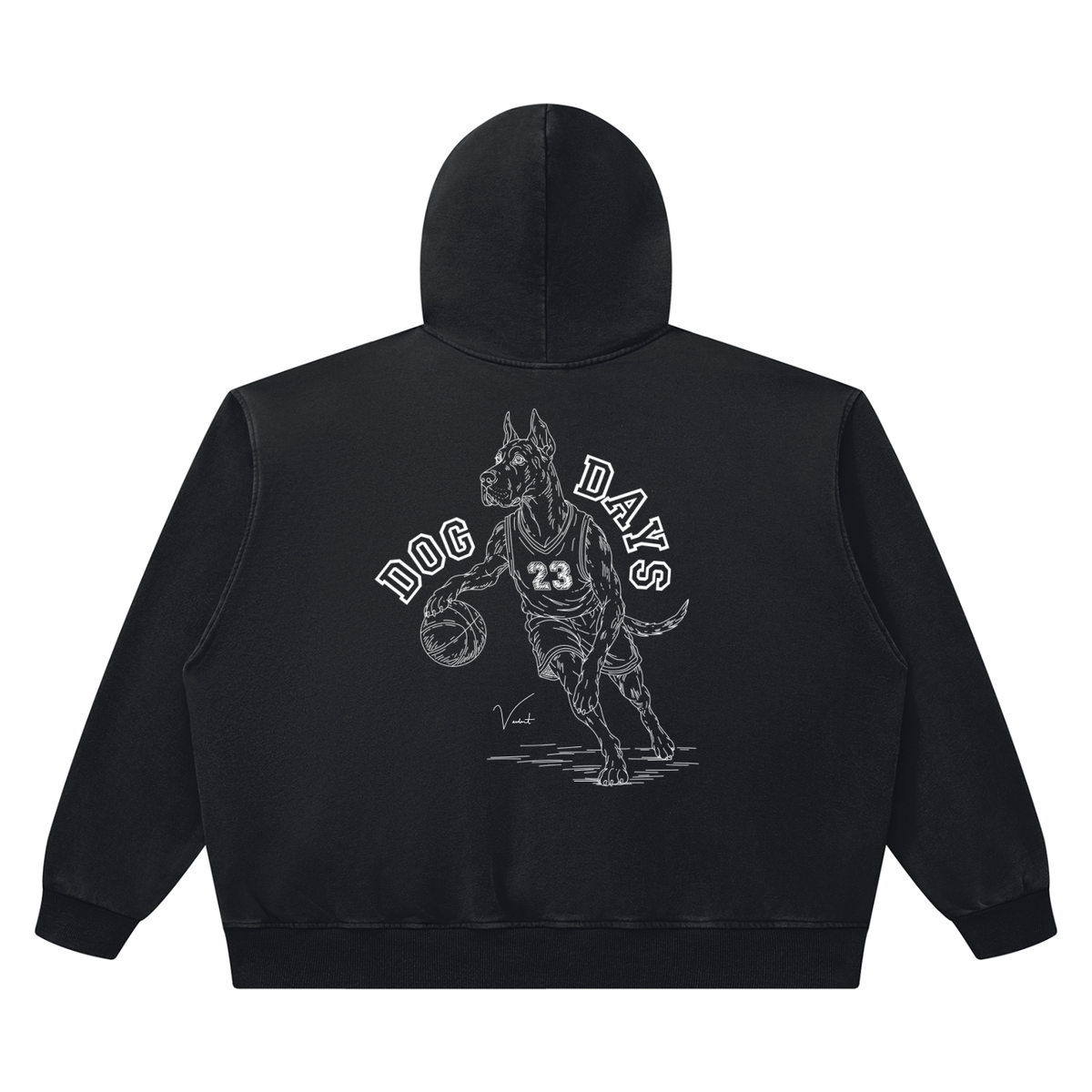 Dog Days Airball hoodie in black, back with hand-drawn Great Dane basketball player under arched DOG DAYS lettering