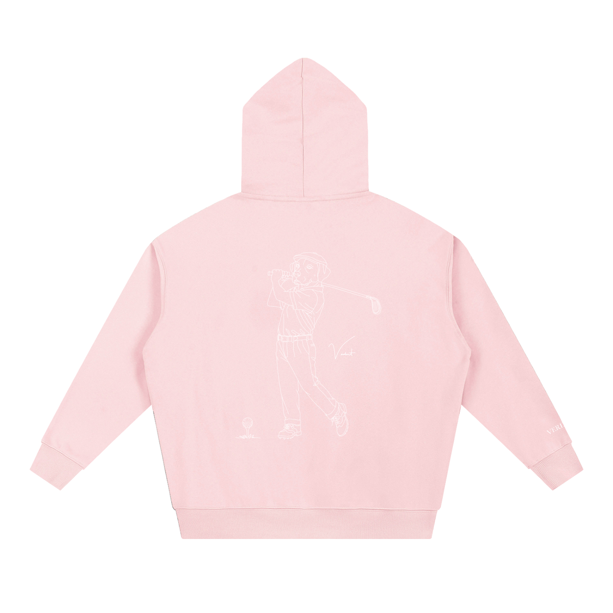 Dog Days Mulligan hoodie in pink, back view with hand-drawn lab golfer mid-swing