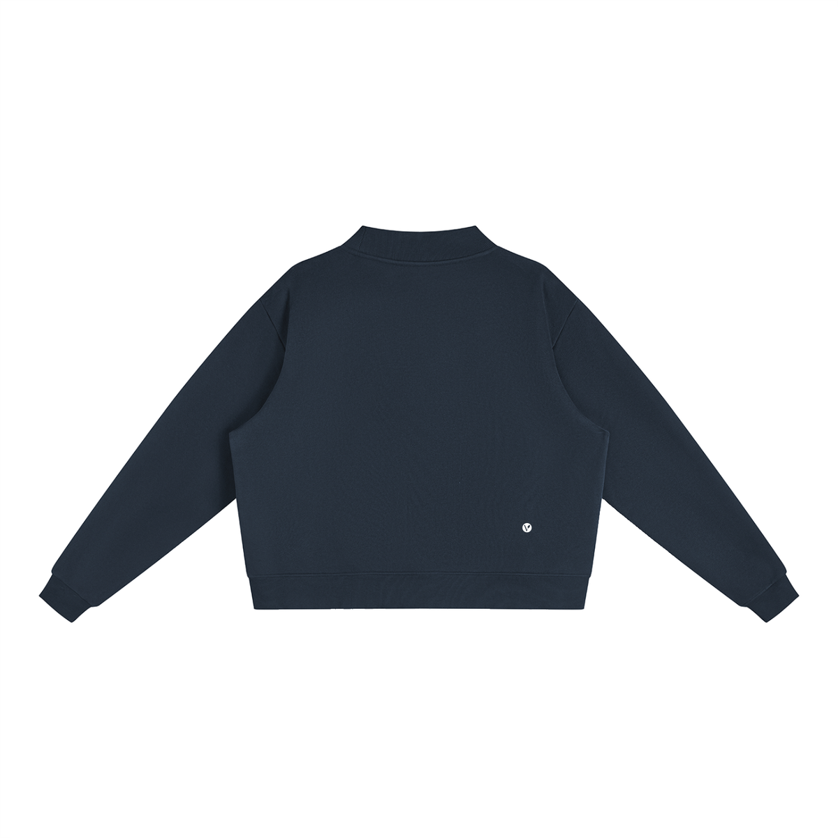 Verdant mock-neck crewneck in navy blue, back with small Verdant V logo