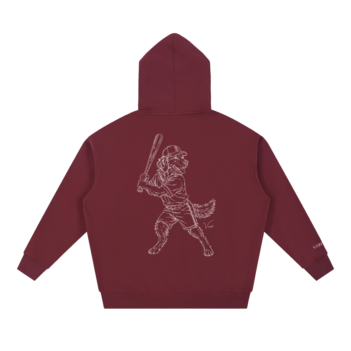 Dog Days Whiff hoodie in dull red, back with hand-drawn golden retriever batter in a ball cap