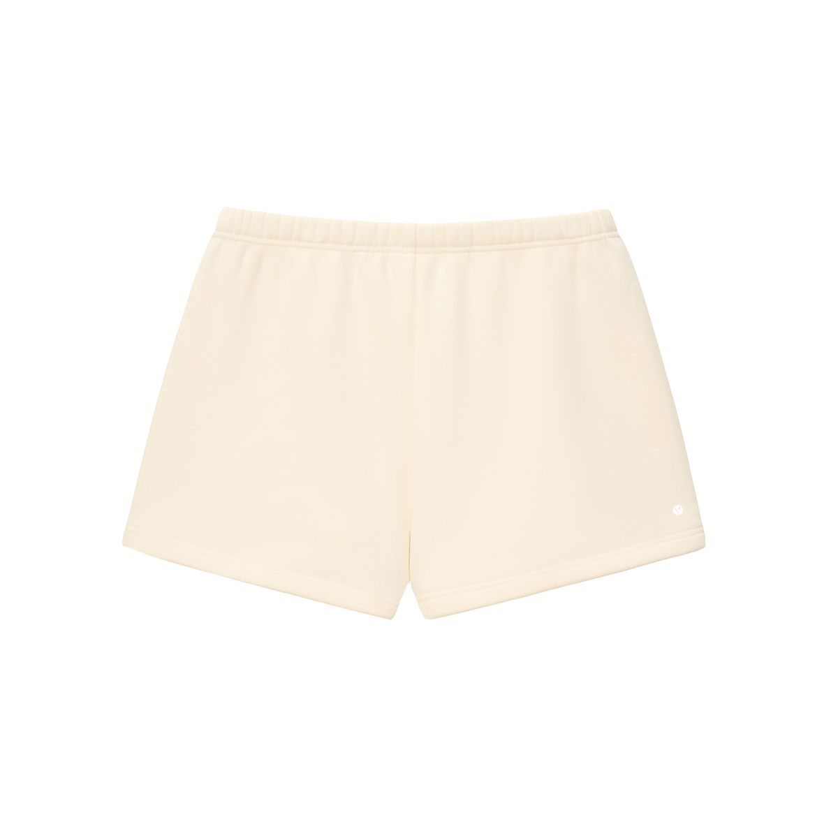 Verdant drawstring sweatshorts in cream apricot, back with small Verdant V logo on the leg