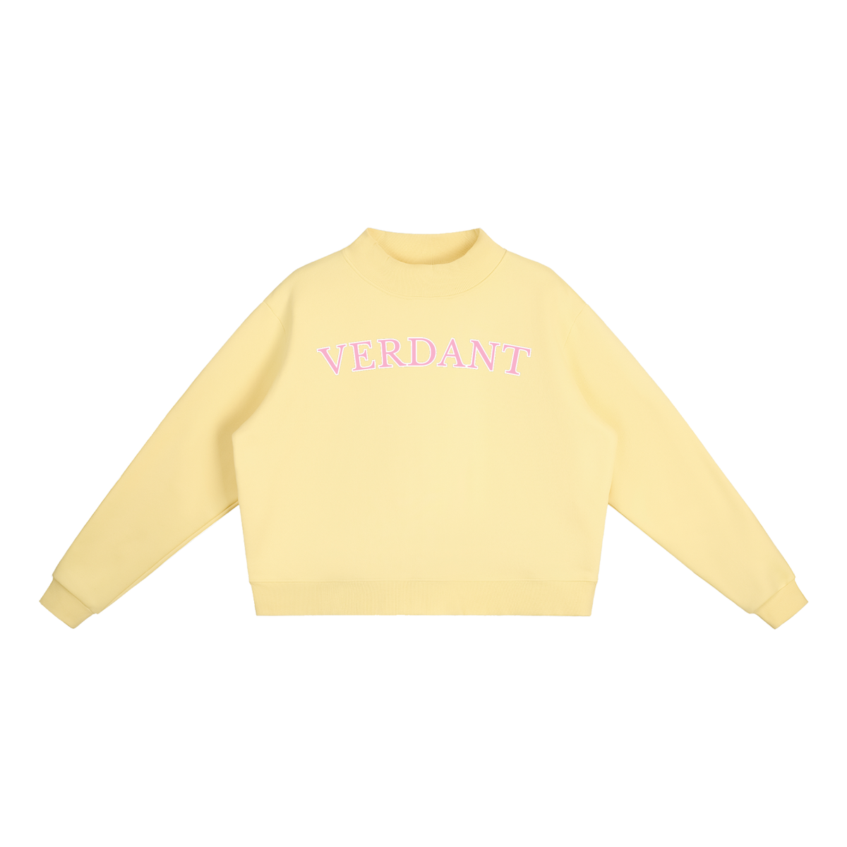 Verdant mock-neck crewneck in yellow, front with arched VERDANT lettering