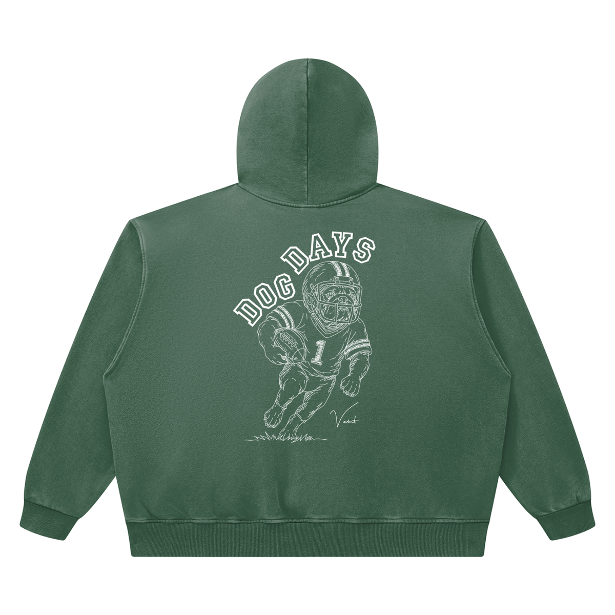 Dog Days Fumble hoodie in blackish green, back with hand-drawn bulldog football player under arched DOG DAYS lettering