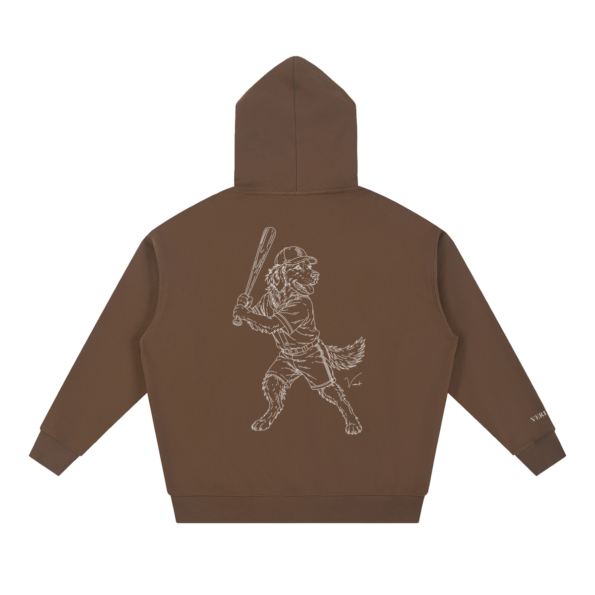 Dog Days Whiff hoodie in coffee, back with hand-drawn golden retriever batter in a ball cap