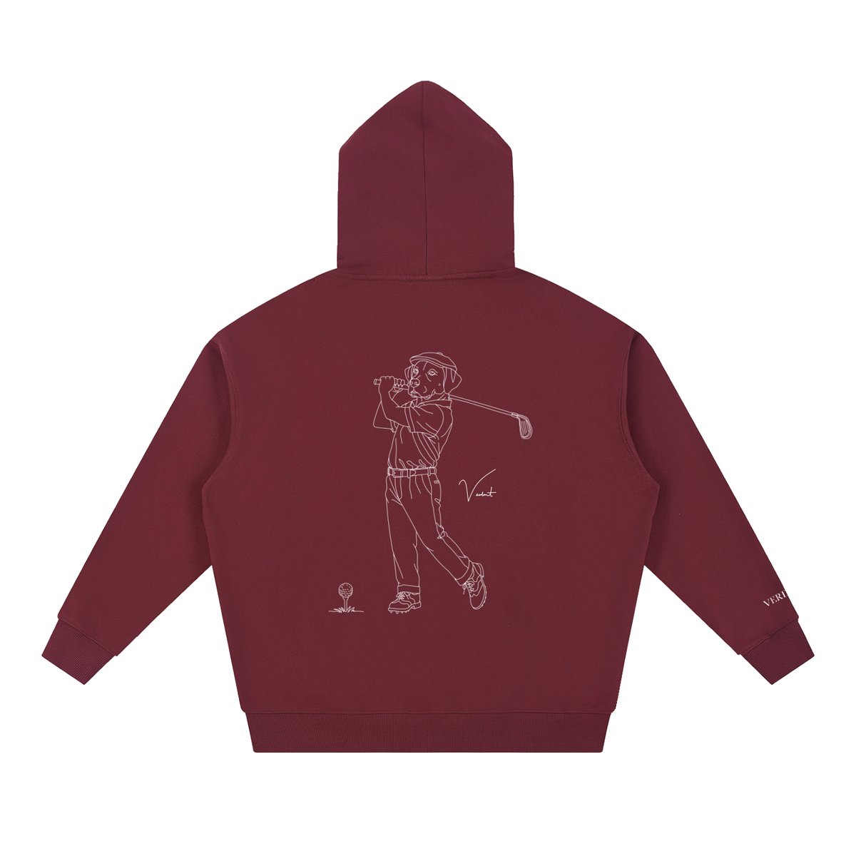 Dog Days Mulligan hoodie in dull red, back view with hand-drawn lab golfer mid-swing