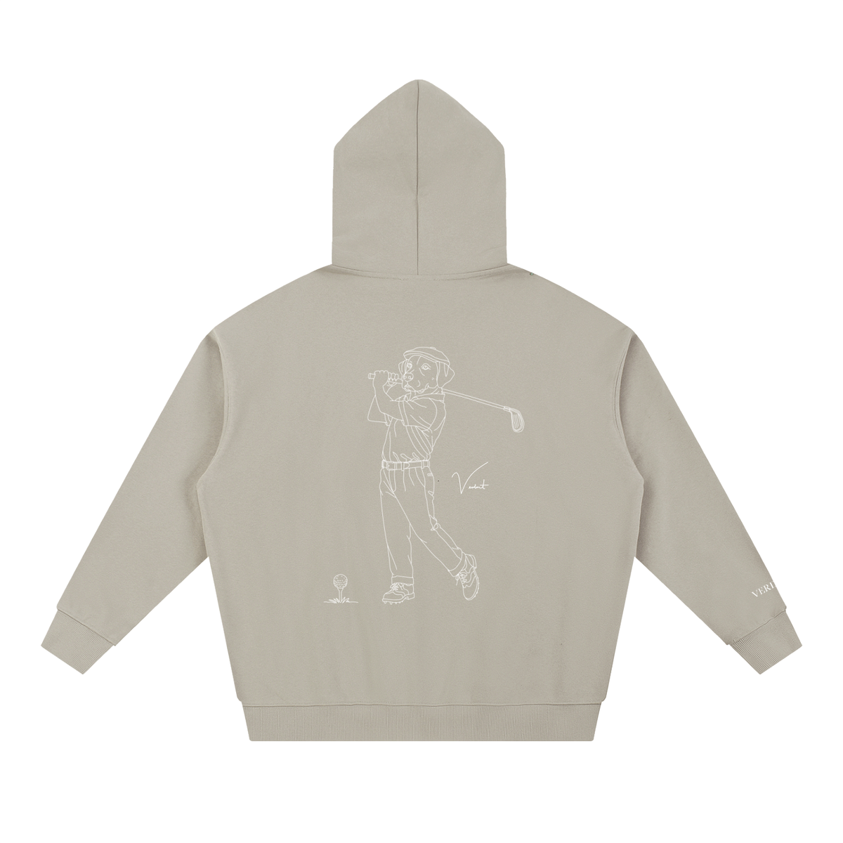 Dog Days Mulligan hoodie in light gray, back view with hand-drawn lab golfer mid-swing