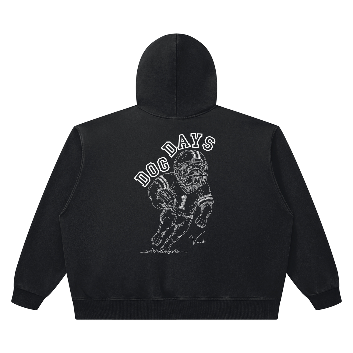 Dog Days Fumble hoodie in black, back with hand-drawn bulldog football player under arched DOG DAYS lettering