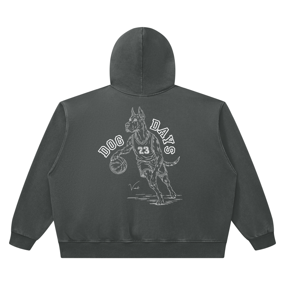 Dog Days Airball hoodie in dark gray, back with hand-drawn Great Dane basketball player under arched DOG DAYS lettering
