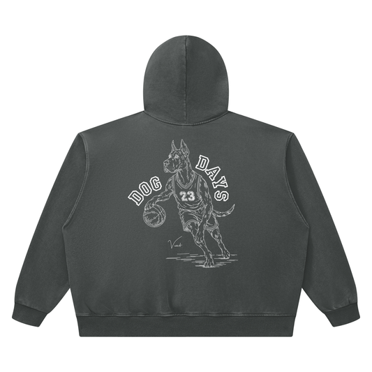 Dog Days Airball hoodie in dark gray, back with hand-drawn Great Dane basketball player under arched DOG DAYS lettering