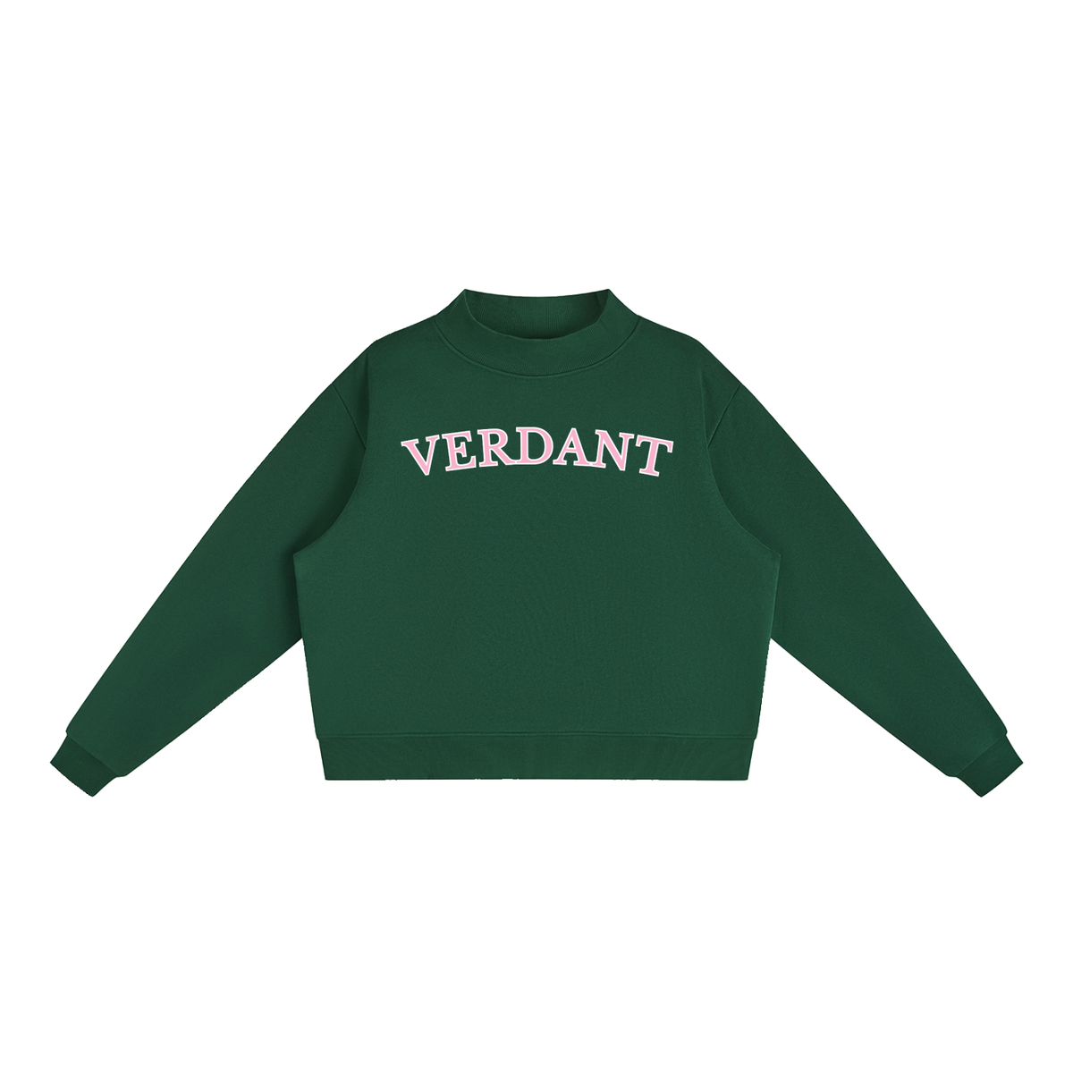 Verdant mock-neck crewneck in blackish green, front with arched VERDANT lettering