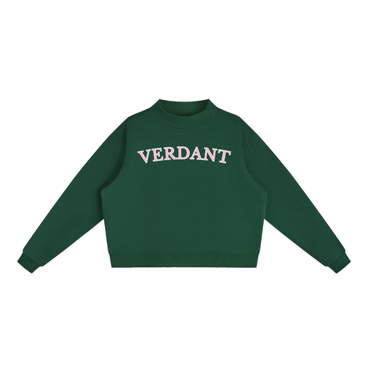 Verdant mock-neck crewneck in blackish green, front with arched VERDANT lettering