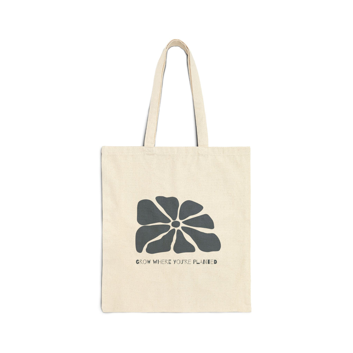 Grow Where You're Planted Tote in Natural - front, large floral design above GROW WHERE YOU'RE PLANTED lettering