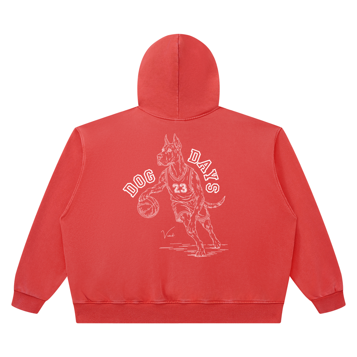 Dog Days Airball hoodie in washed red, back with hand-drawn Great Dane basketball player under arched DOG DAYS lettering