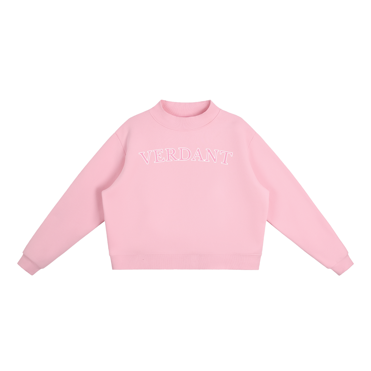 Verdant mock-neck crewneck in pink, front with arched VERDANT lettering