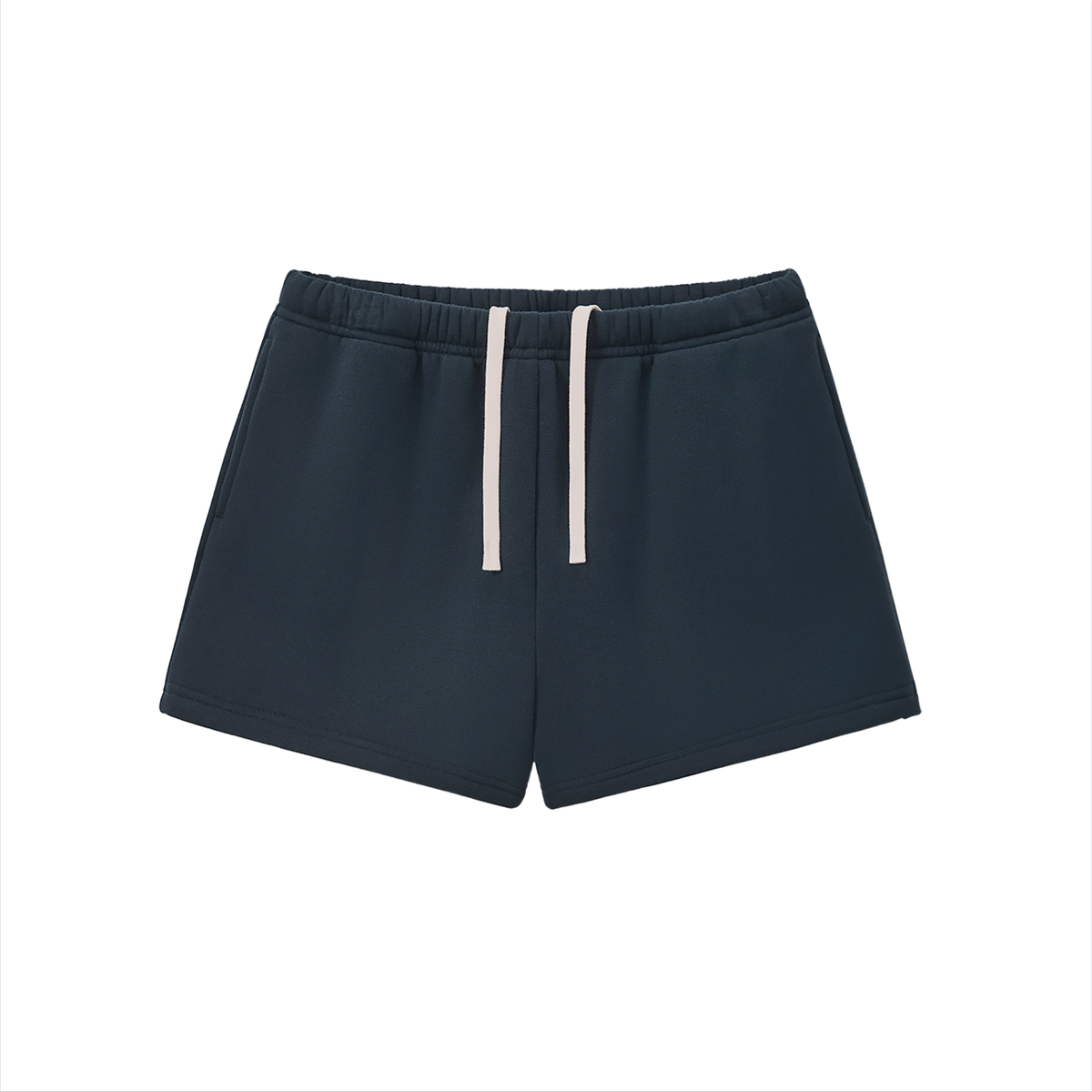 Verdant drawstring sweatshorts in navy blue, front with drawstring waist