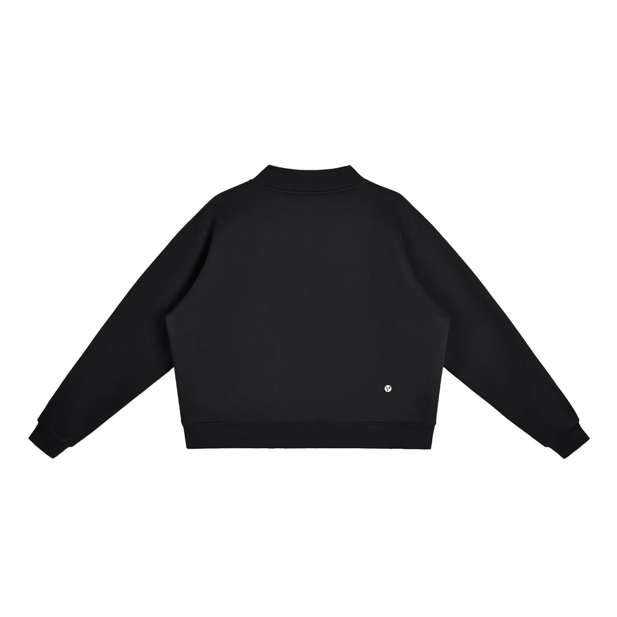 Verdant mock-neck crewneck in black, back with small Verdant V logo