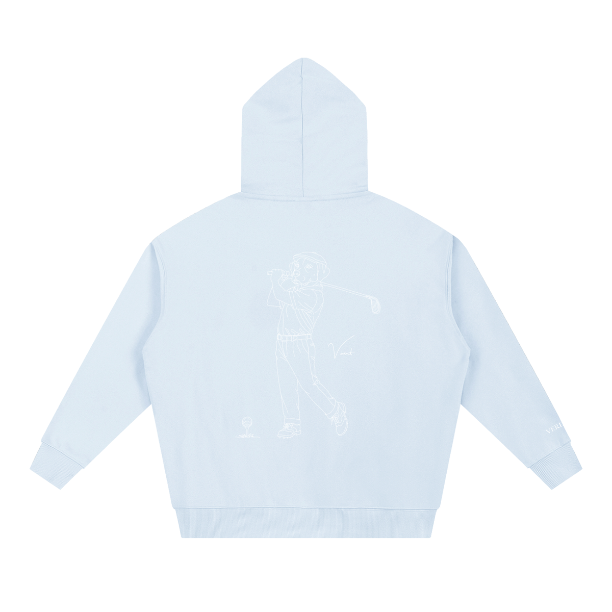 Dog Days Mulligan hoodie in blue, back view with hand-drawn lab golfer mid-swing