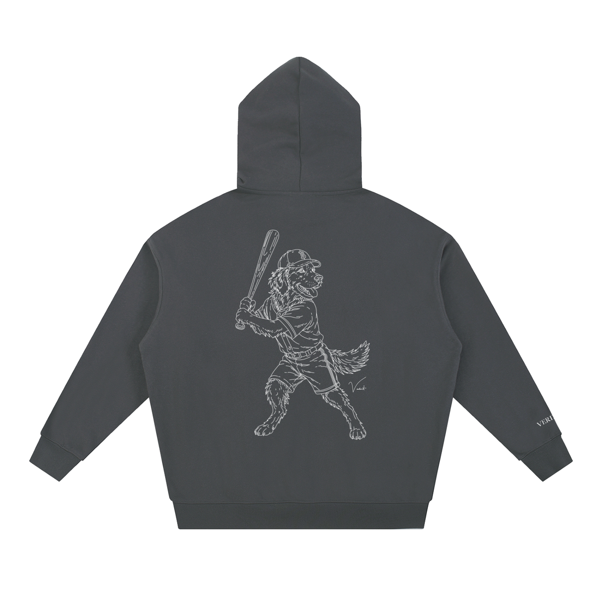 Dog Days Whiff hoodie in dark gray, back with hand-drawn golden retriever batter in a ball cap