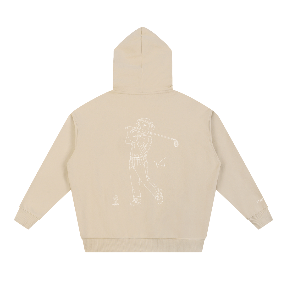 Dog Days Mulligan hoodie in apricot, back view with hand-drawn lab golfer mid-swing