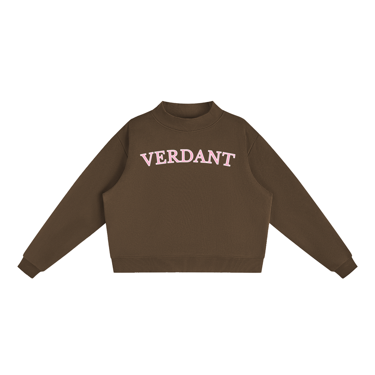 Verdant mock-neck crewneck in brown, front with arched VERDANT lettering