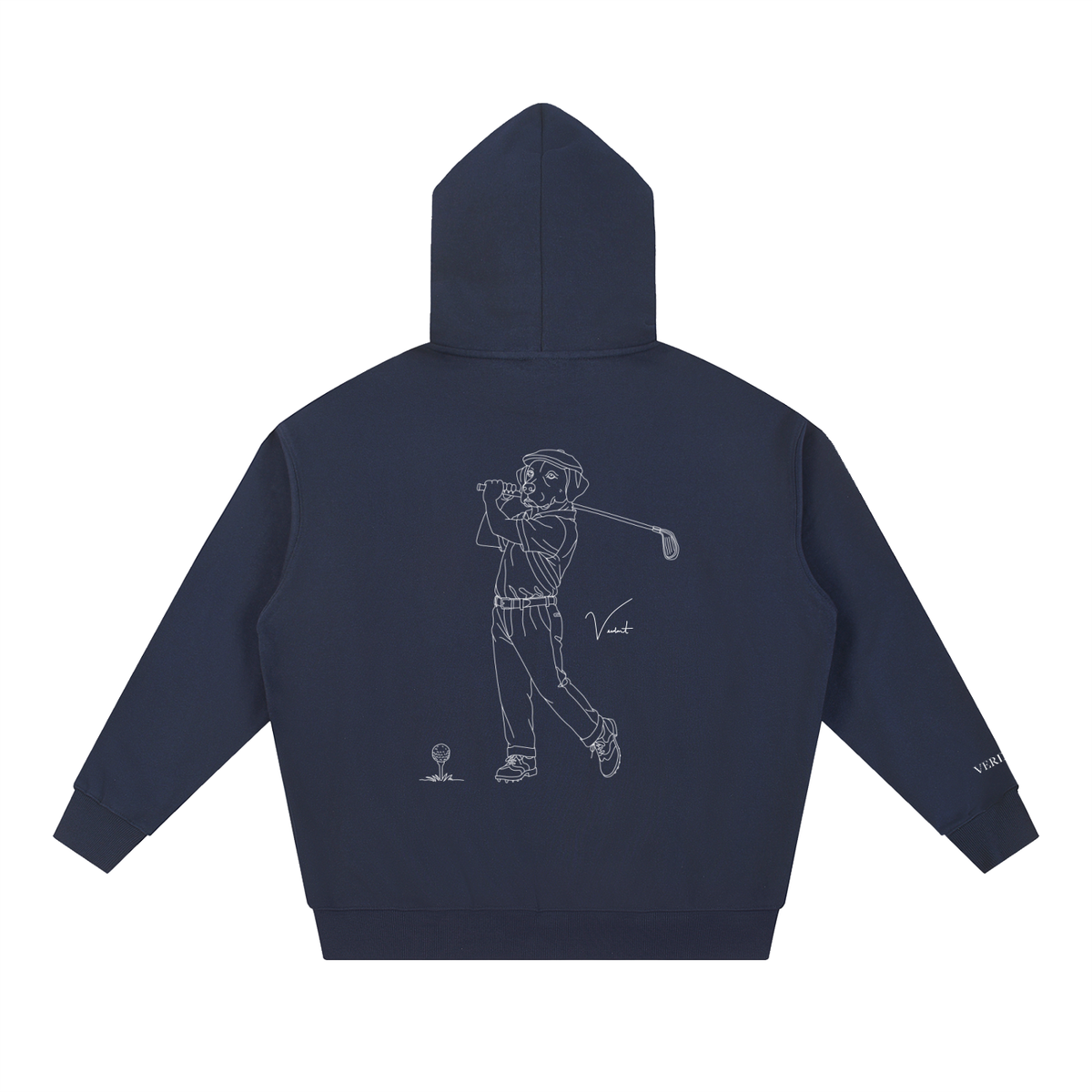 Dog Days Mulligan hoodie in navy blue, back view with hand-drawn lab golfer mid-swing