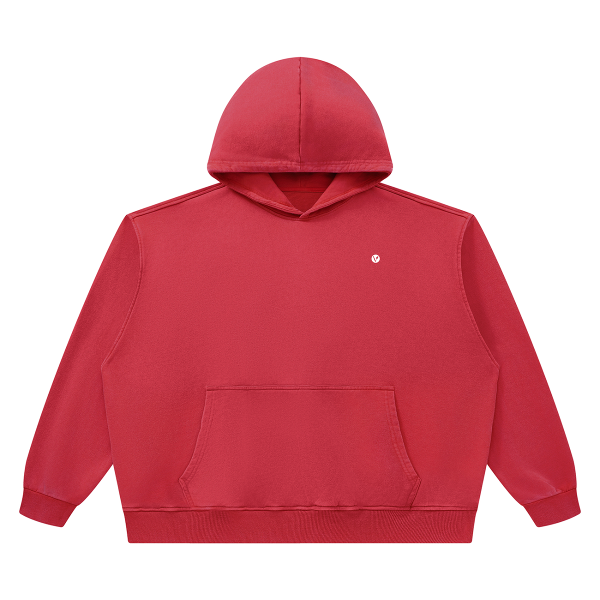 Dog Days Fumble hoodie in red, front with small Verdant V on the chest