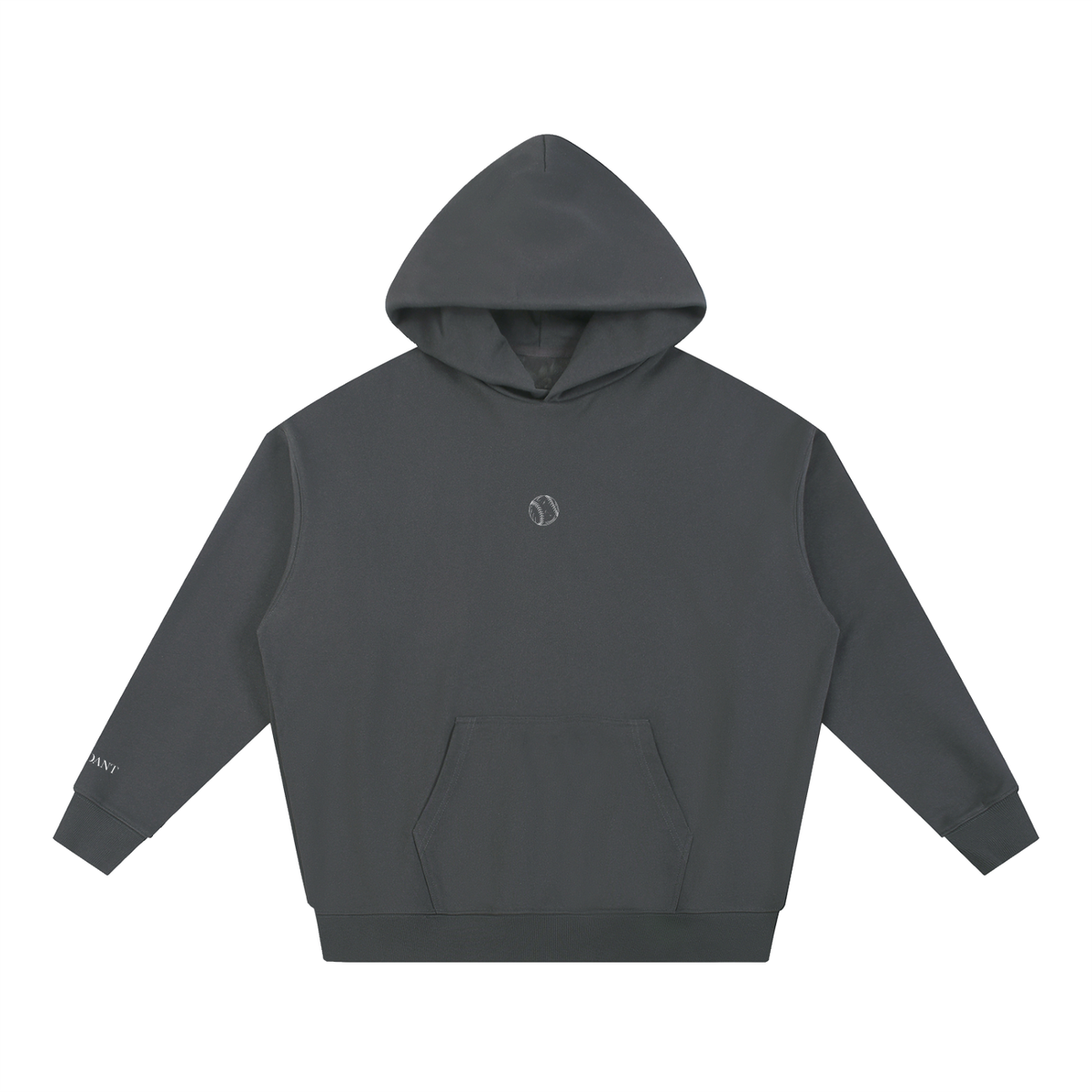 Dog Days Whiff hoodie in dark gray, front with small baseball chest graphic