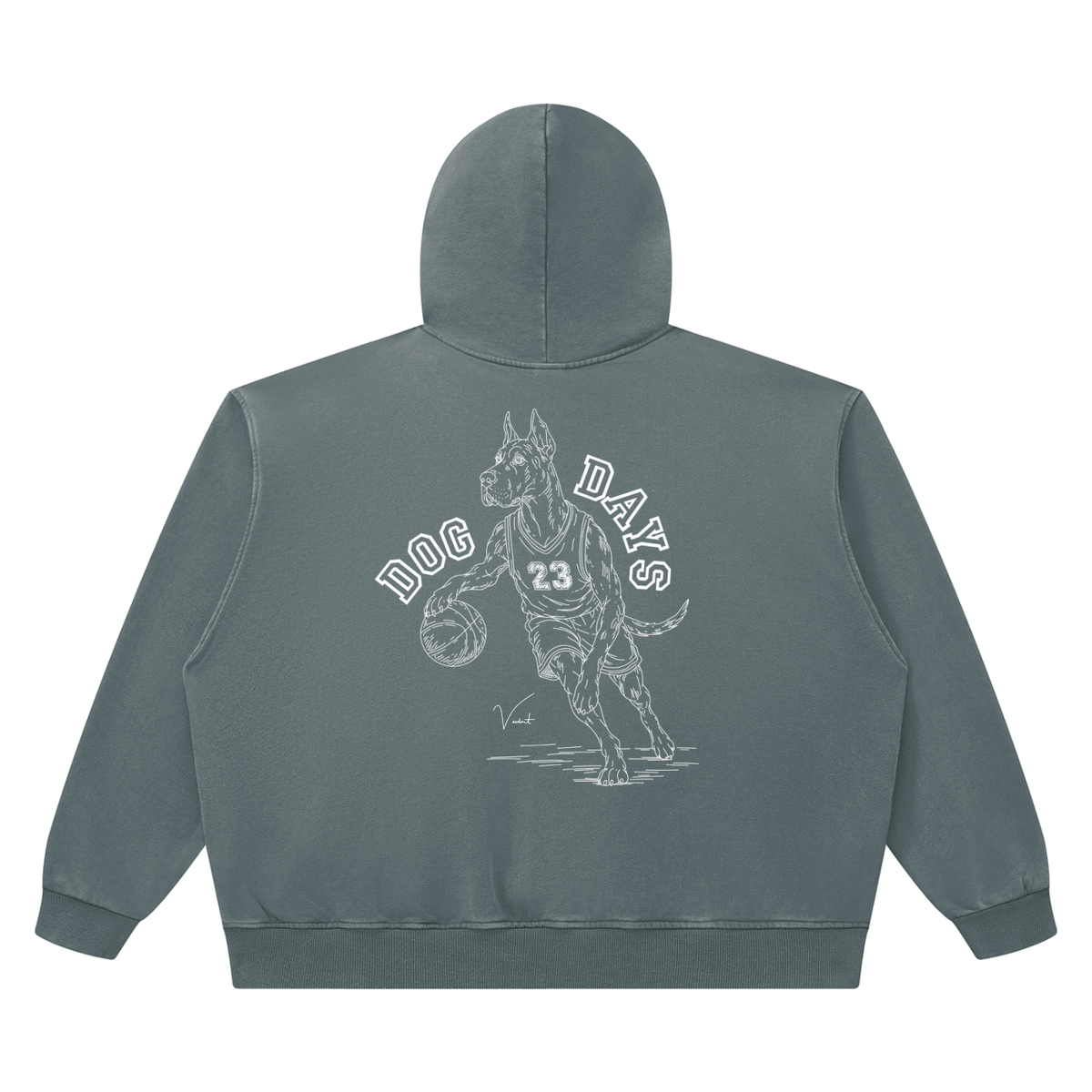 Dog Days Airball hoodie in gray blue, back with hand-drawn Great Dane basketball player under arched DOG DAYS lettering