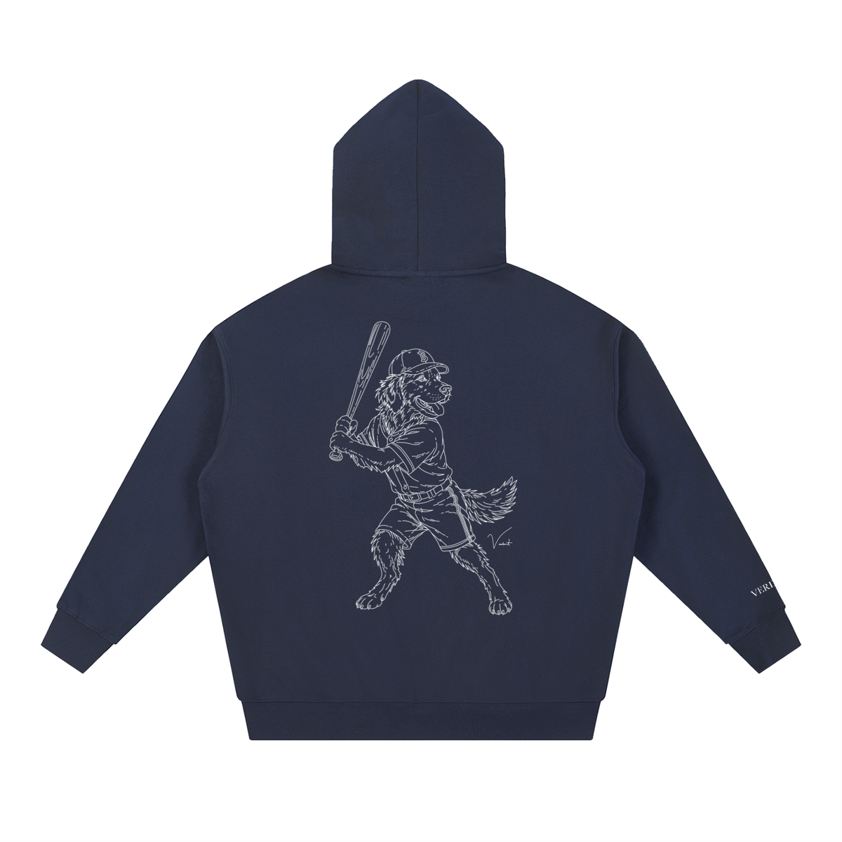 Dog Days Whiff hoodie in navy blue, back with hand-drawn golden retriever batter in a ball cap