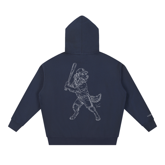 Dog Days Whiff hoodie in navy blue, back with hand-drawn golden retriever batter in a ball cap