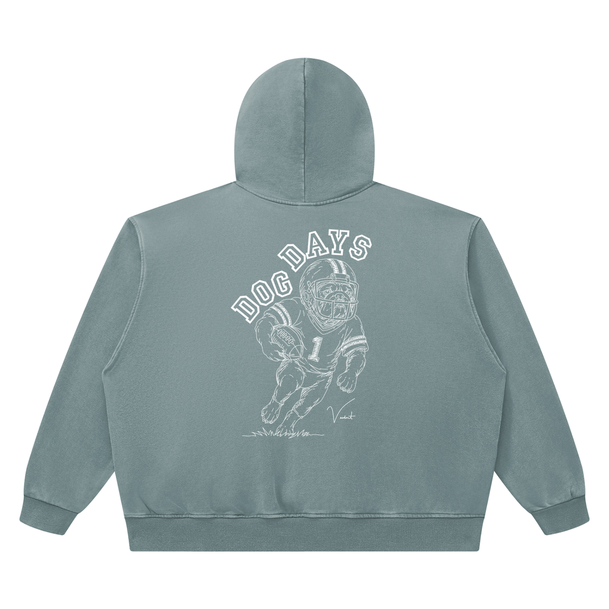 Dog Days Fumble hoodie in haze blue, back with hand-drawn bulldog football player under arched DOG DAYS lettering