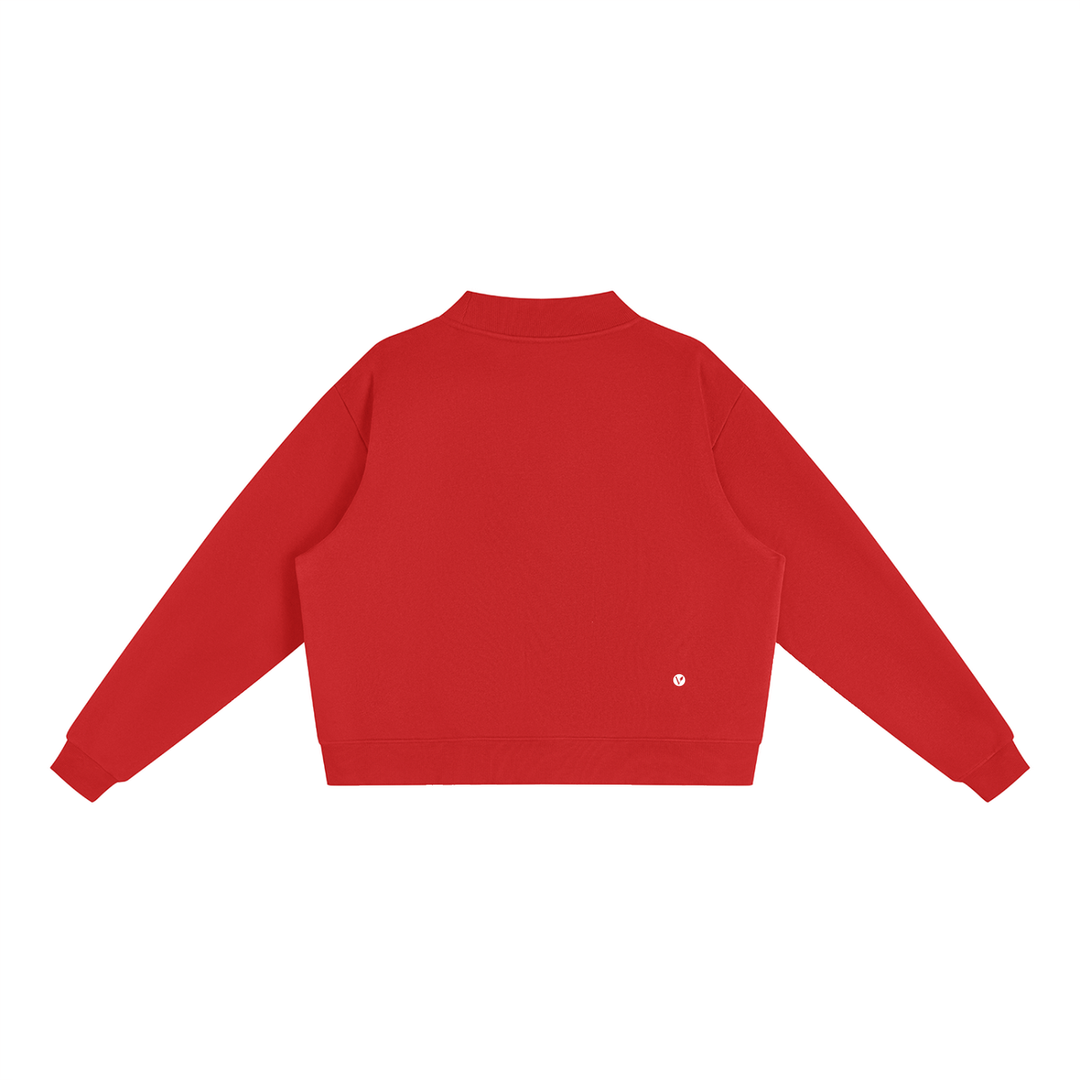 Verdant mock-neck crewneck in red, back with small Verdant V logo