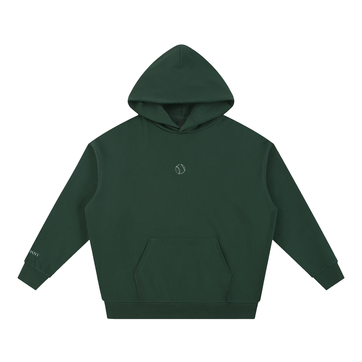 Dog Days Whiff hoodie in blackish green, front with small baseball chest graphic