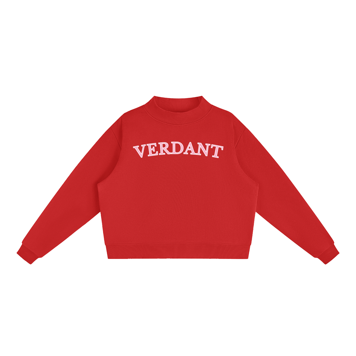 Verdant mock-neck crewneck in red, front with arched VERDANT lettering