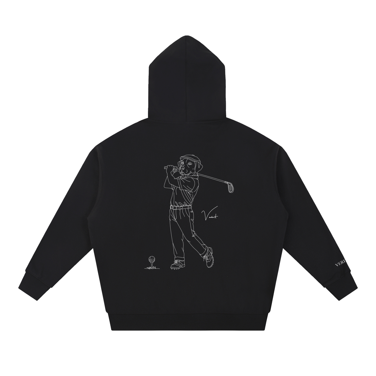Dog Days Mulligan hoodie in black, back view with hand-drawn lab golfer mid-swing