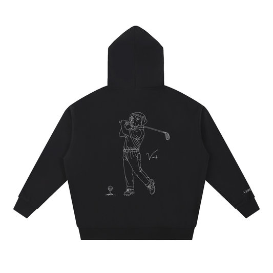 Dog Days Mulligan hoodie in black, back view with hand-drawn lab golfer mid-swing