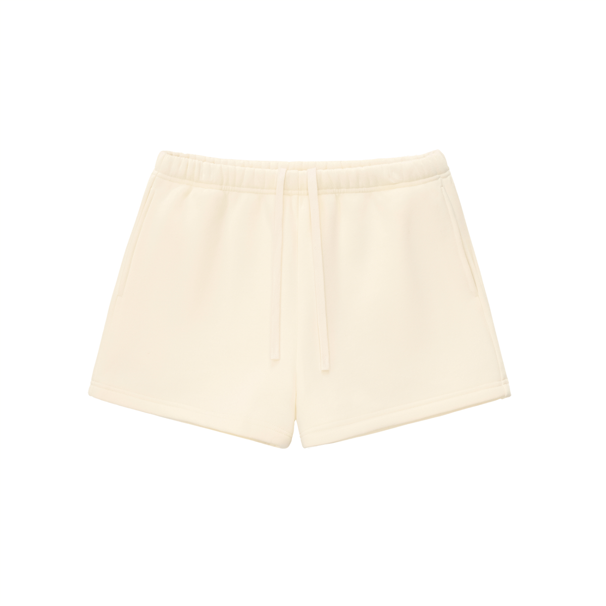 Verdant drawstring sweatshorts in cream apricot, front with drawstring waist