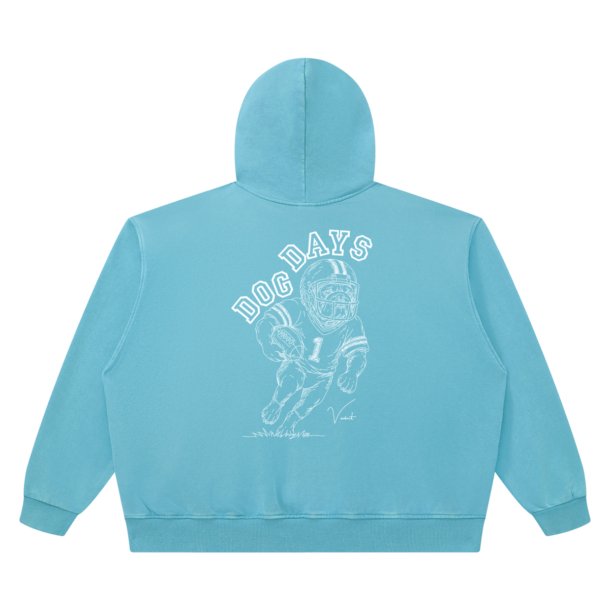 Dog Days Fumble hoodie in sky blue, back with hand-drawn bulldog football player under arched DOG DAYS lettering
