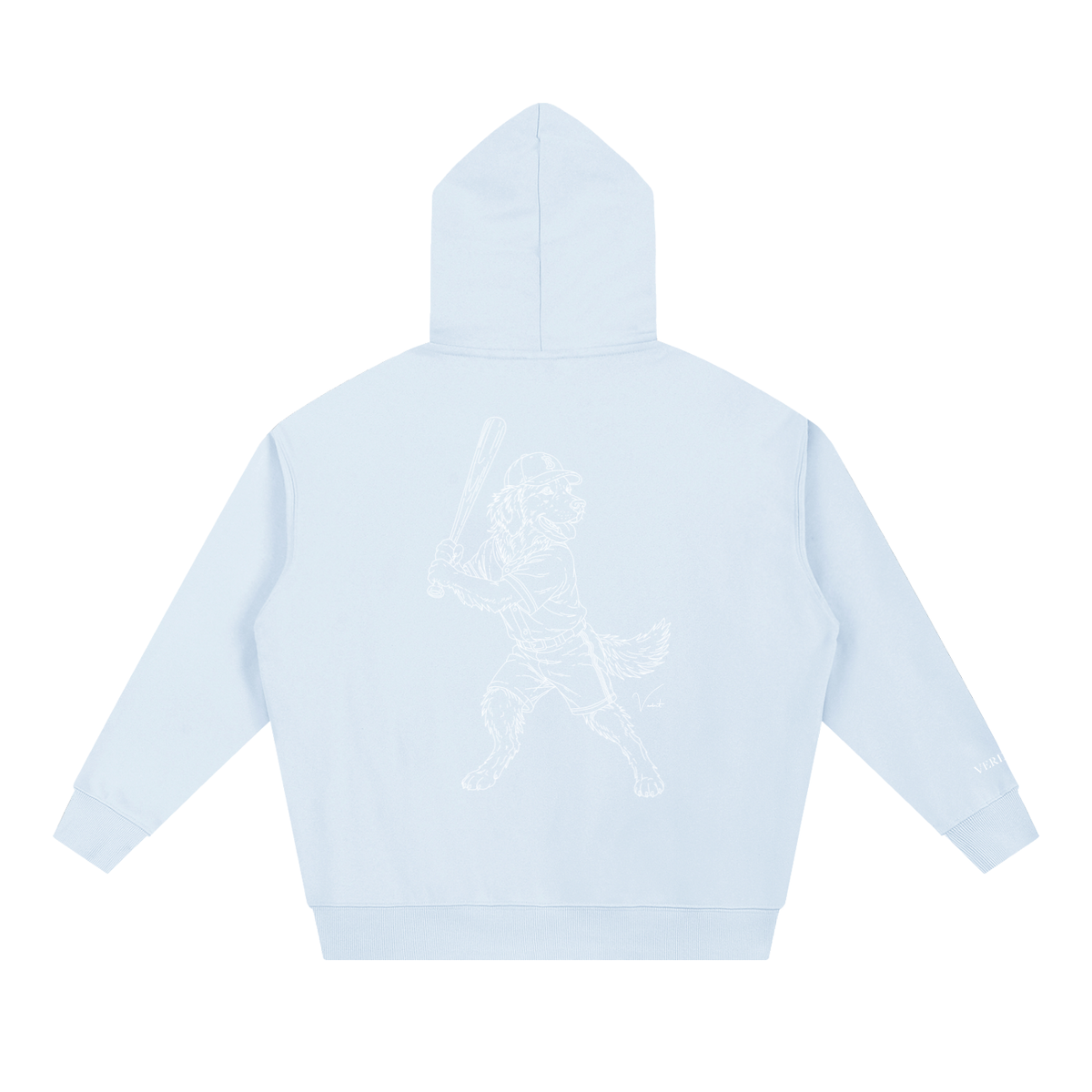 Dog Days Whiff hoodie in blue, back with hand-drawn golden retriever batter in a ball cap