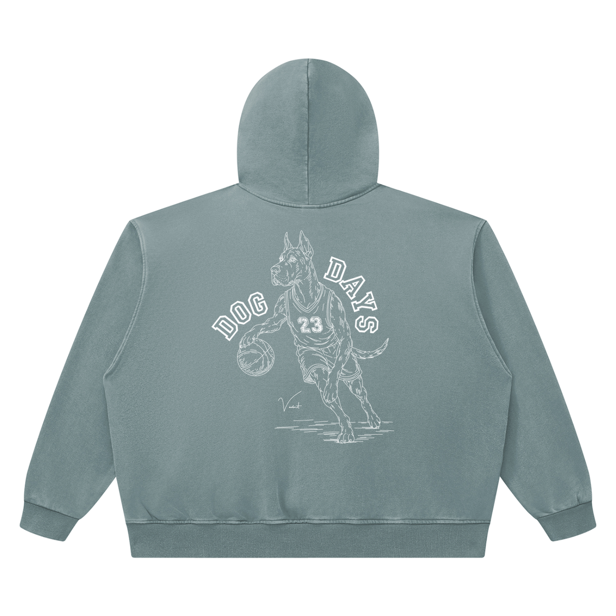 Dog Days Airball hoodie in haze blue, back with hand-drawn Great Dane basketball player under arched DOG DAYS lettering