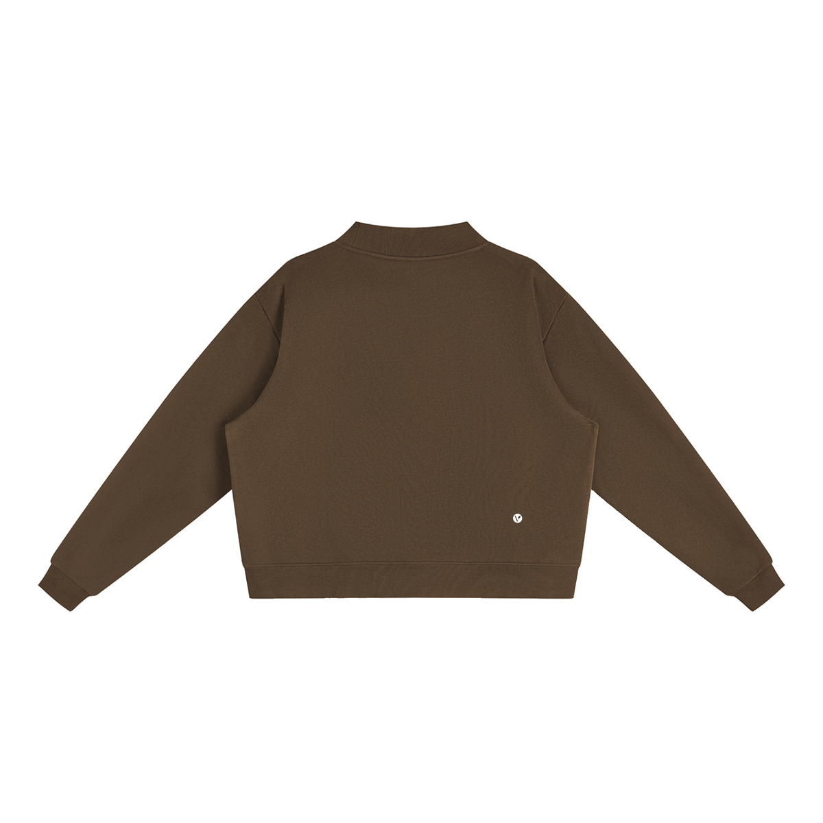 Verdant mock-neck crewneck in brown, back with small Verdant V logo